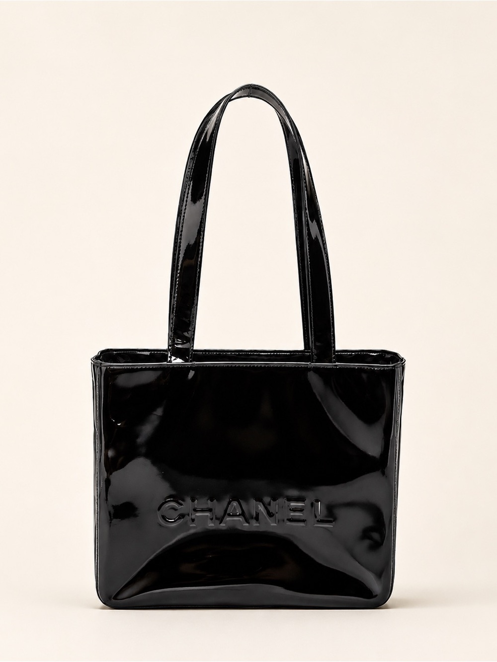 CHANEL Black Patent Logo Tote